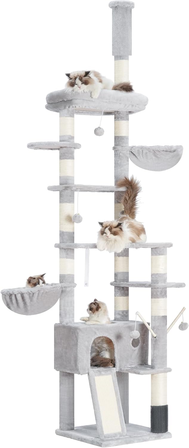 Hey-brother Cat Tree, 98.4-110.2 Inches Floor to Ceiling Cat Tree-Adjustable Height, Tall Cat Climbing Tower for Cats Large Adult with Scratching Post, Cat cando, Light Gray 0MPJ091W