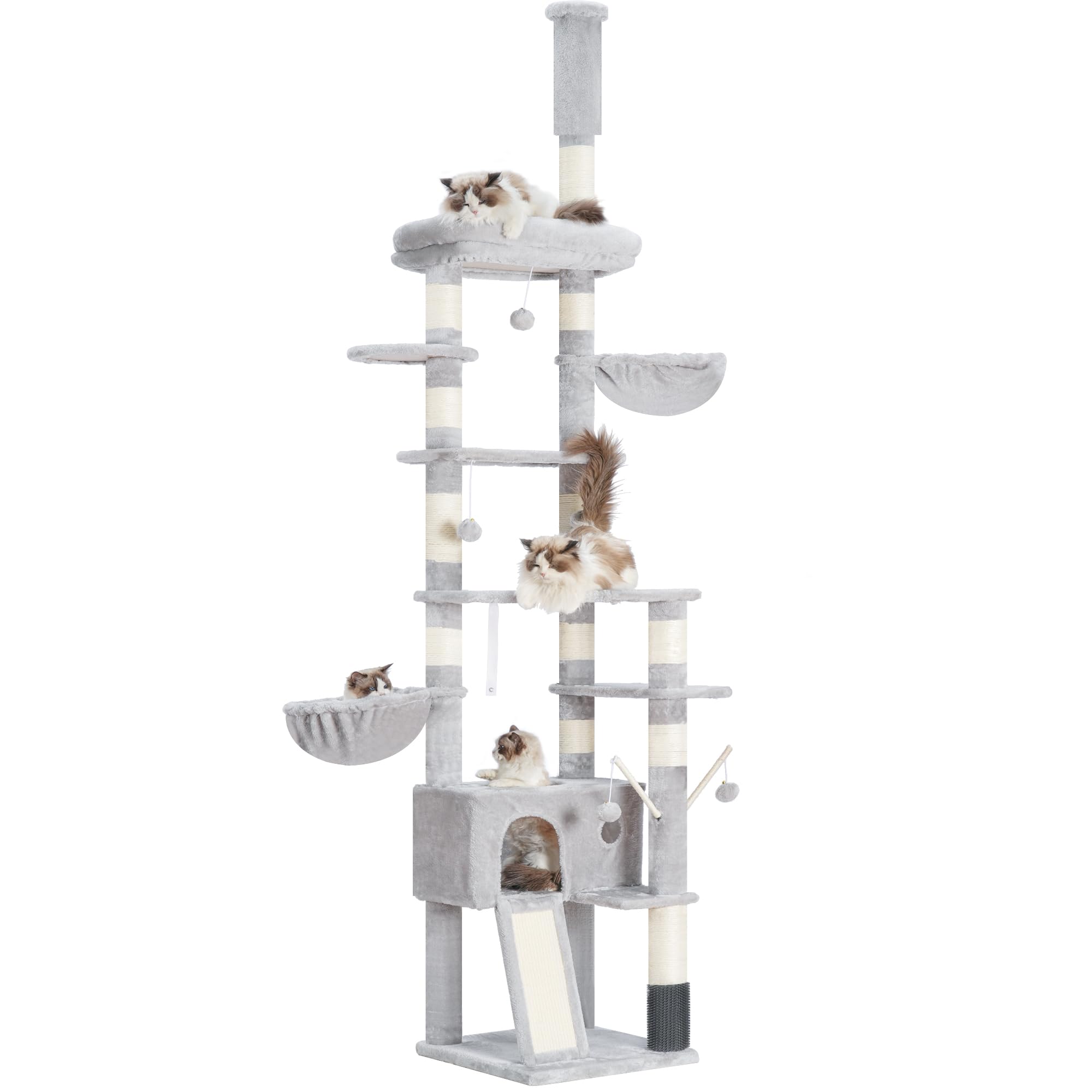 Hey-brother Albero tiragraffi regolabile in altezza, 250-280 cm, che raggiunge il soffitto, torre per gatti di grandi dimensioni, con grotta, grigio chiaro 0MPJ091W