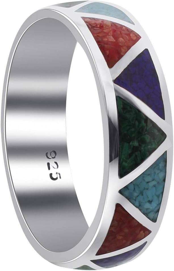 Southwestern Style Multi Gemstone 6mm Wedding Band Sterling Silver Ring 13