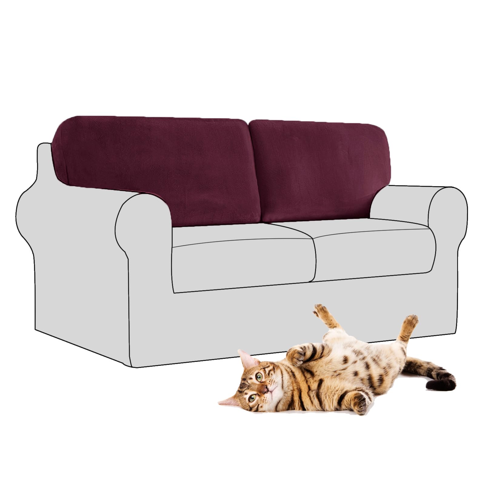SYLC Stretch Velvet Sofa Backrest Cover, Back Cushion Covers Non-Slip Sofa Cushion Slipcovers for Couch Chesterfield Caravan RV Dinette (Prune,2 pcs Rectangle L)