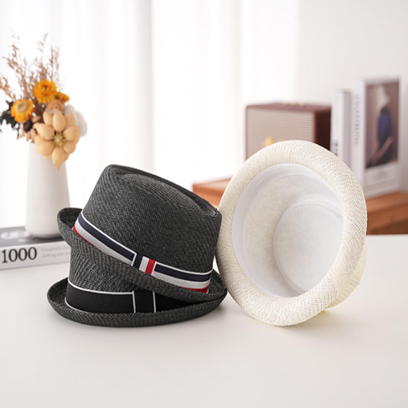 HEYANN Pork Pie kapelusz słomkowy, męski kapelusz pork Pie Fedora 58 cm, letni kapelusz dla mężczyzn i kobiet, Bowler Flat Top ochrona przed słońcem, klasyczny kapelusz