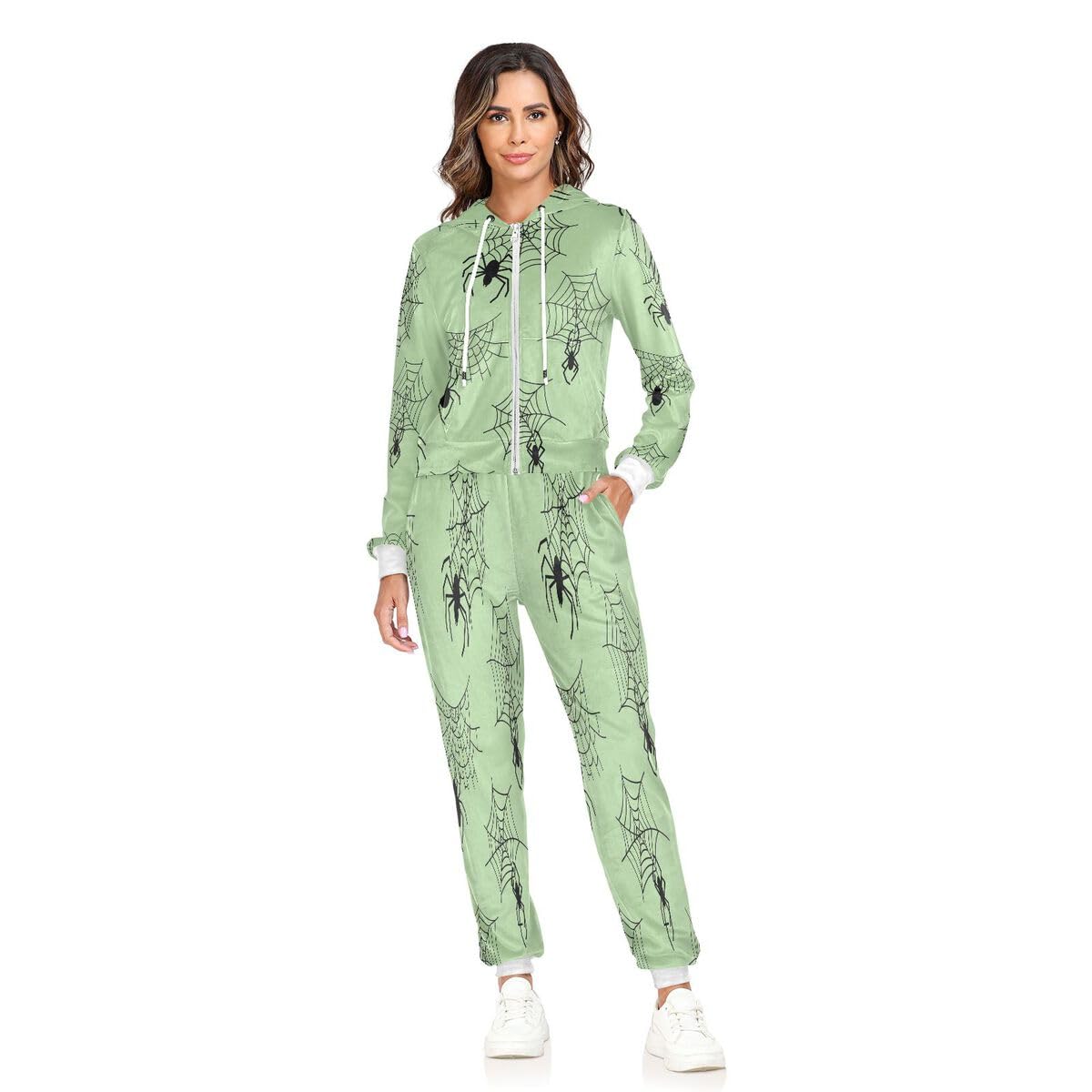 Conjunto deportivo de 2 piezas para mujer, diseño de telaraña negra, conjunto deportivo de manga larga para Halloween