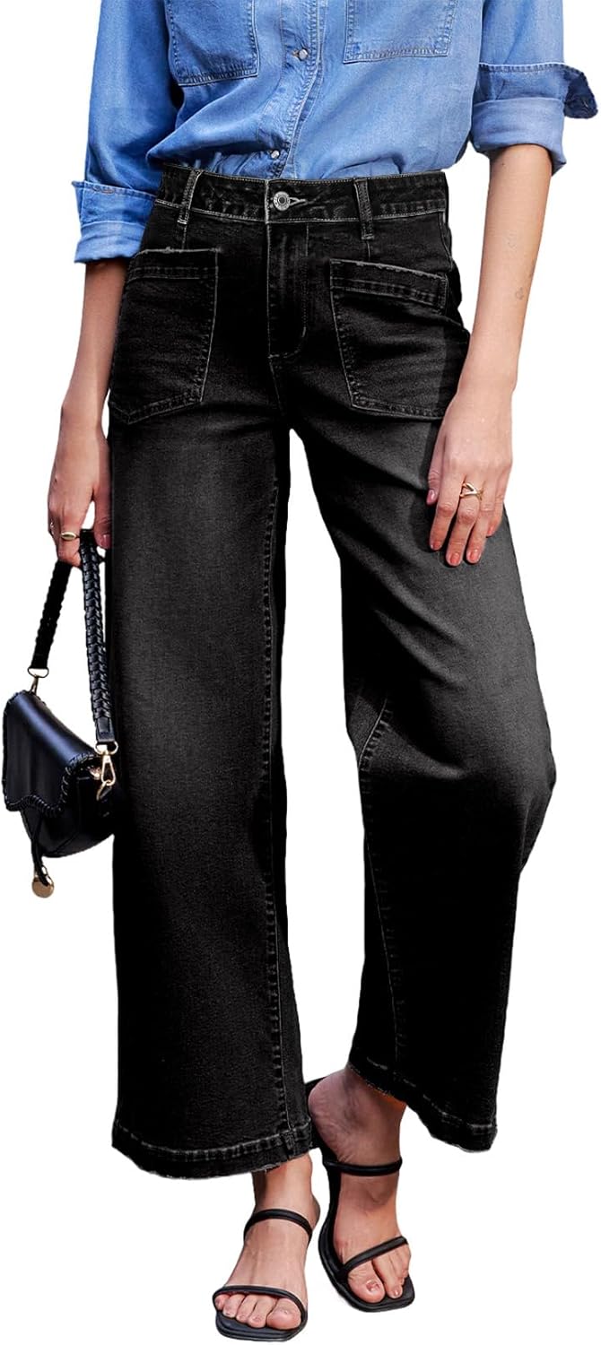 Sidefeel Women’s Wide Leg Jeans High Waisted Stretchy Jeans Straight Leg Loose Fit Zimbaplatinum Ankle Denim Pants