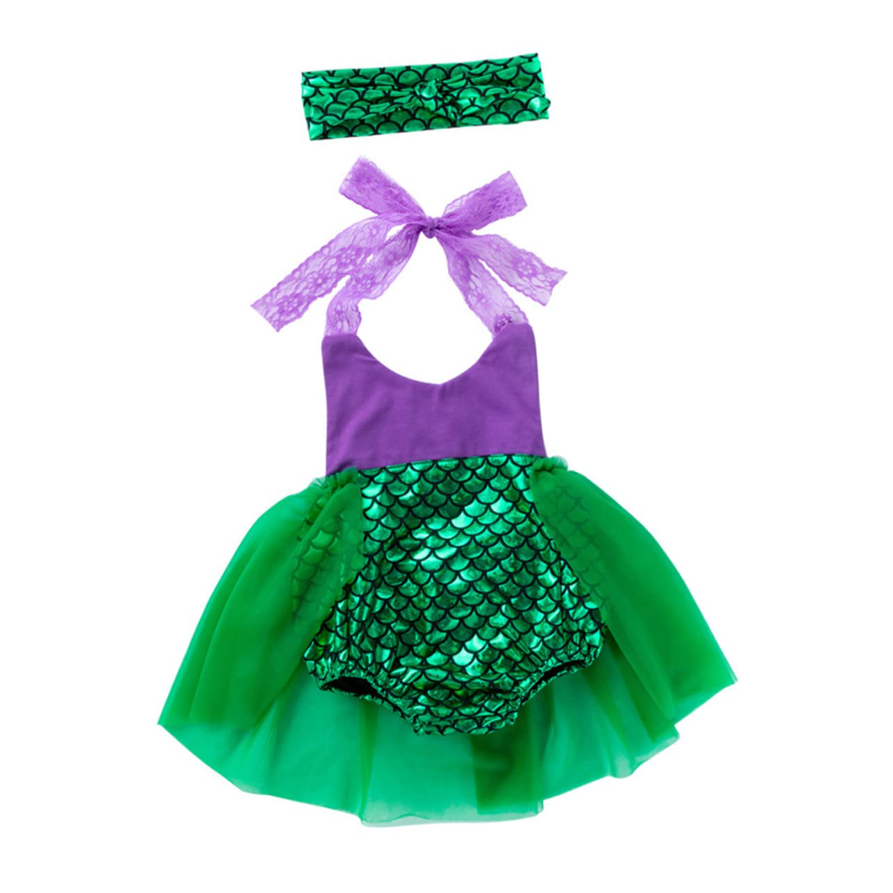 BESTYASH 2pcs Baby Girls Dress Set: Mermaid Lace Romper Skirt Headband for Special Occasions