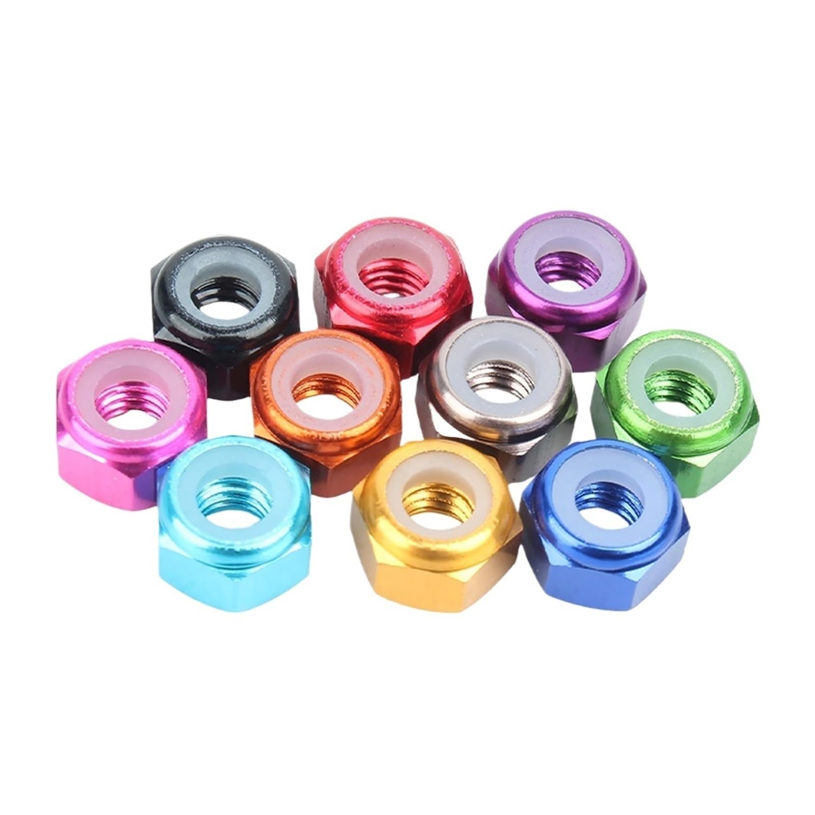 100 Uds M2 M2.5 M3 M4 M5 M6 M8 tuerca hexagonal Nylock de aluminio anodizado negro rojo verde azul tuercas autoblocantes hexagonales de nailon(Skyblue,M5 (100pcs))