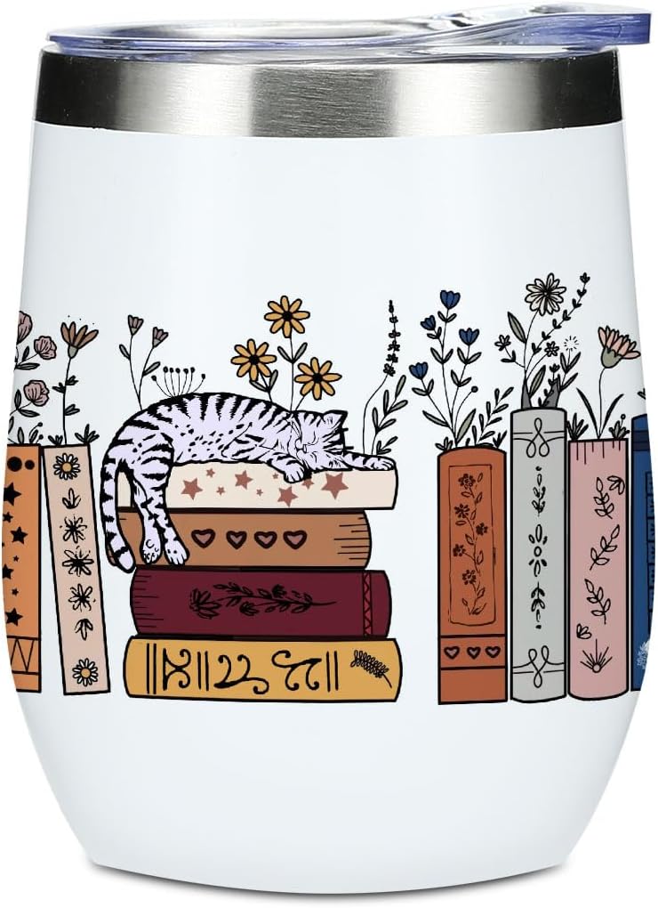 Wine Tumbler, 12 oz Coffee Mug Travel Insulated Cup Vacuum Wine Glass with Lid, Book Lovers Gifts Birthday Christmas Party Reading Book Accessories Bookish Librarian Gifts for Women Girls Grandma