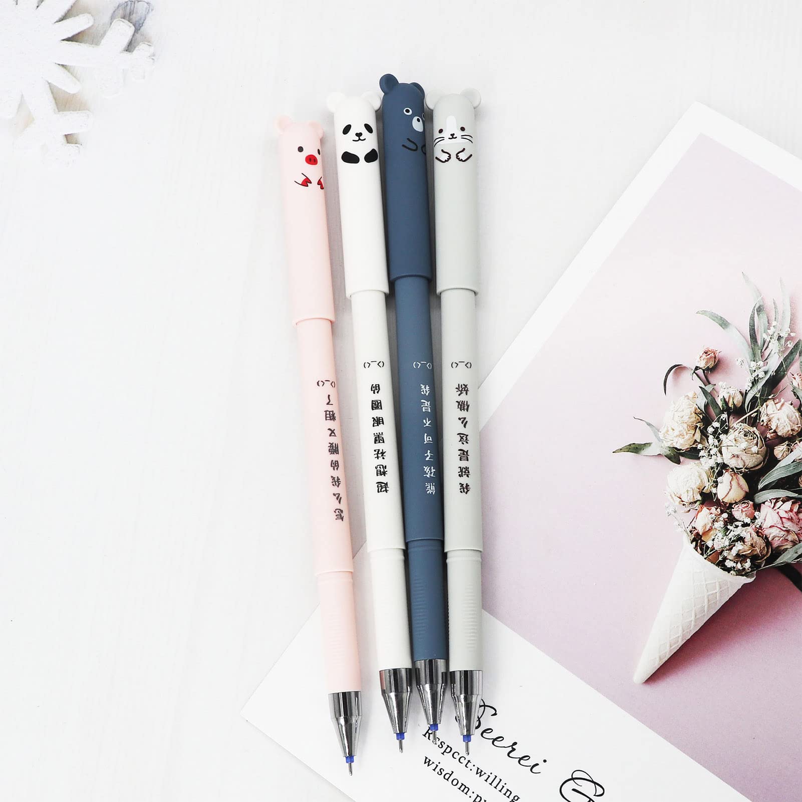 Muiltvoe Erasable Gel Pen Set 4 Cartoon Pens Blue Ink 0.5mm with 2 Erasers 20 Refills for School Office Home