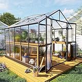 9.4x7.5x7.4 FT Hobby Greenhouse & Sunroom: Recommended foundation size: 10.5x8.5 FT. 6mm Twin-wall translucent PC panels(UV Protection 99.99%) Walk-in Greenhouse for Better Ventilation: Keep both 2 swing doors (with door hook)and 2 four-level adjusta...