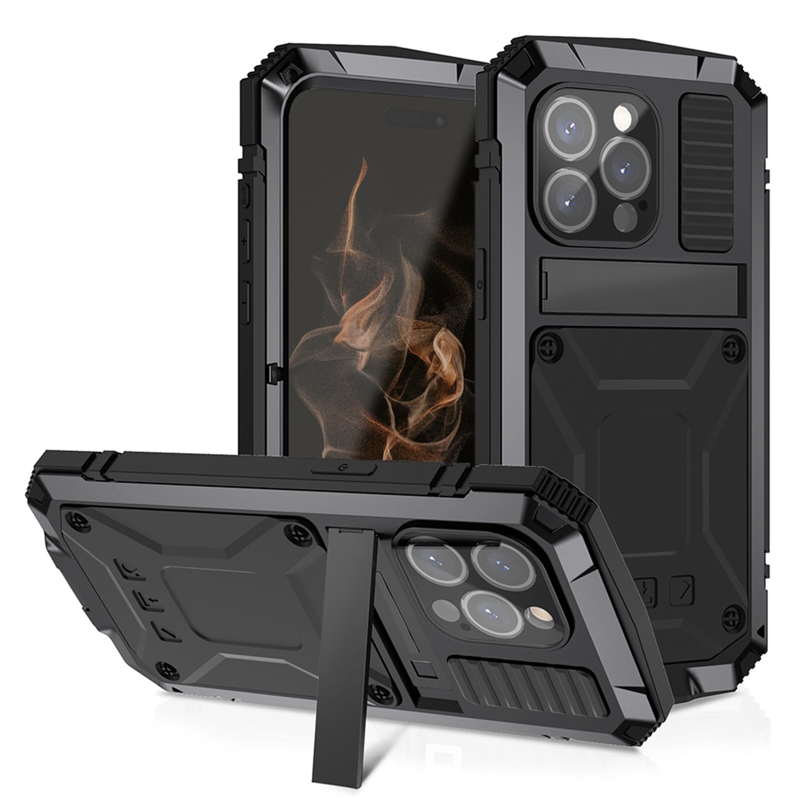 JINGANGYU Funda De Metal Resistente Compatible Con IPhone 15 Pro Max Con Protector De Pantalla Con Soporte Para Cámara, Funda Deslizante Para Cámara, Armadura Militar A Prueba De Golpes, Prueba De