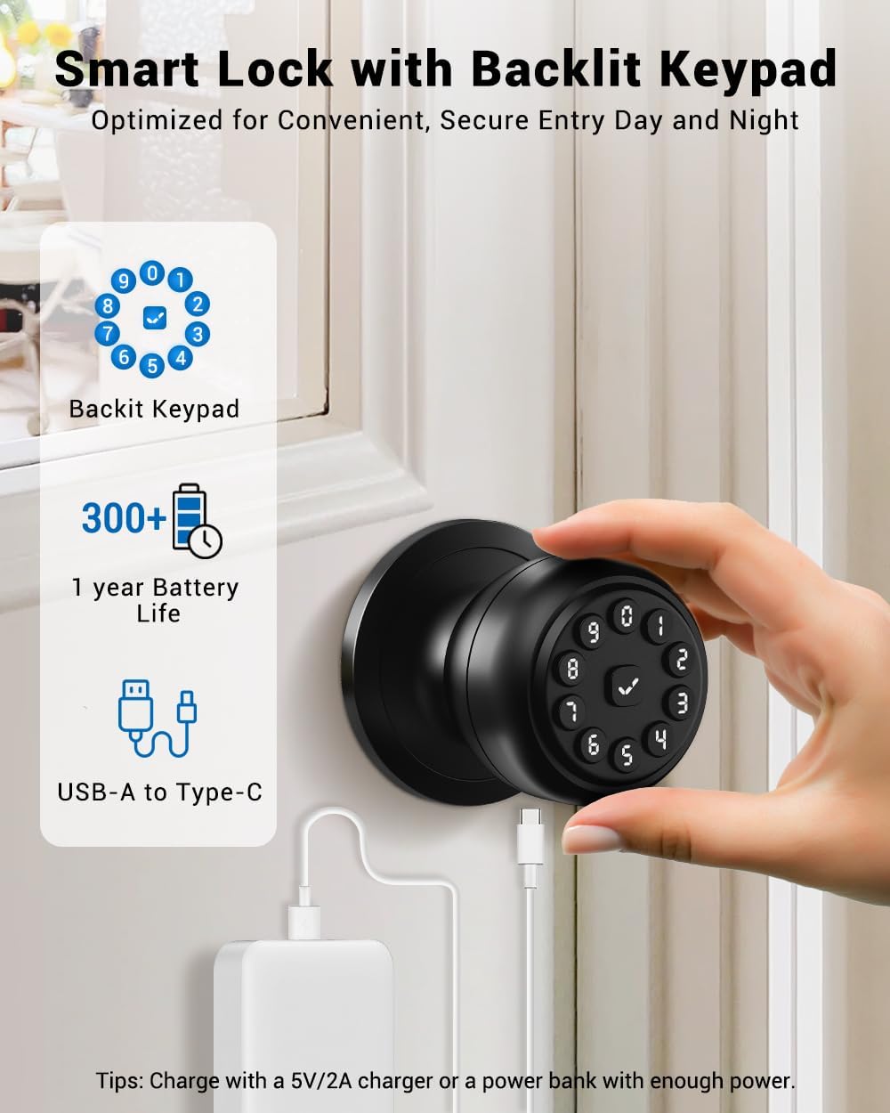 Image demonstrating the 5-second auto-lock feature of the WREO K10mini smart door knob