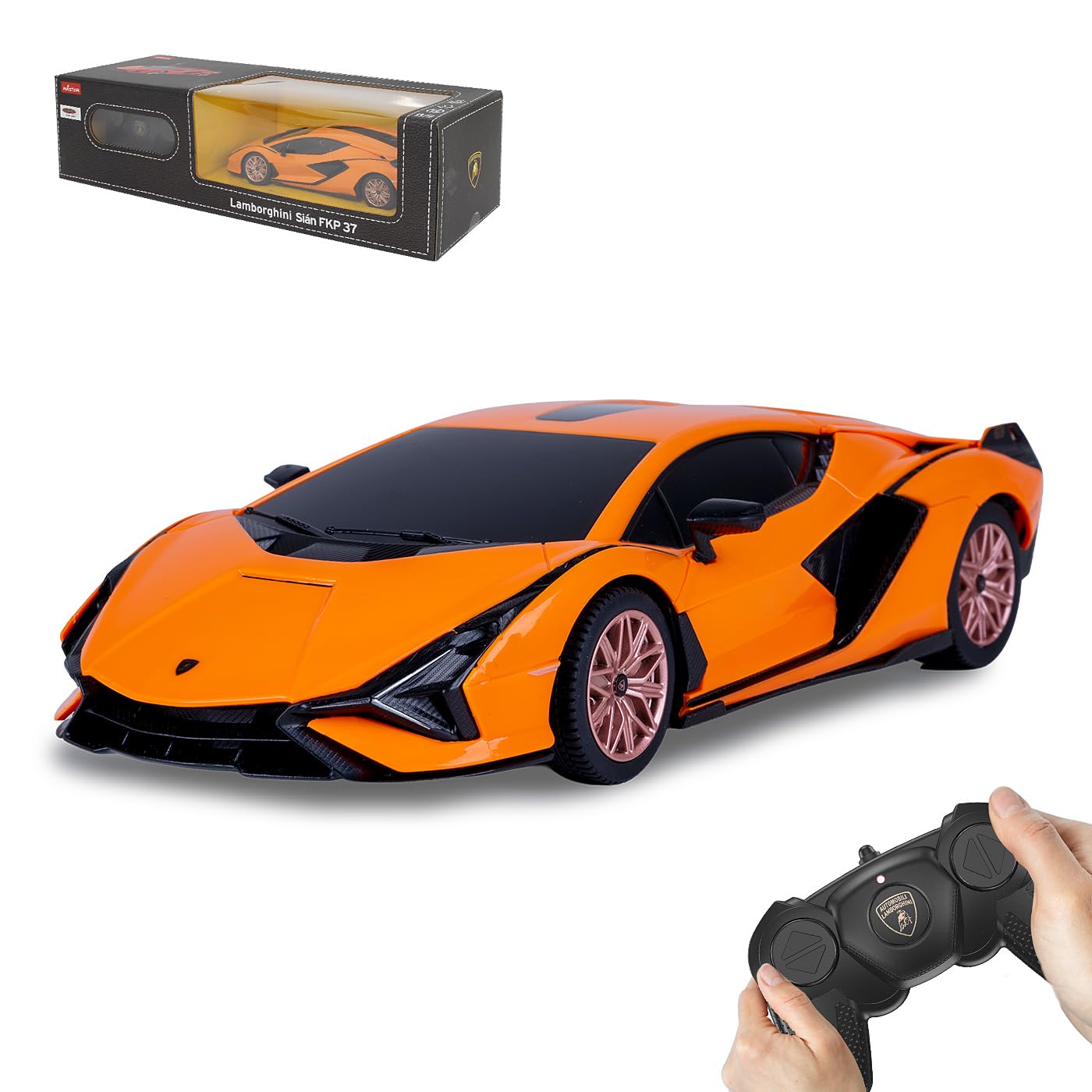 JAMARA 403125 - Lamborghini Sián FKP 37 2.4 GHz 1:24 - Officially licensed, up to 1 hour driving time at approx. 9 km/h, perfectly reproduced details, workmanship, orange
