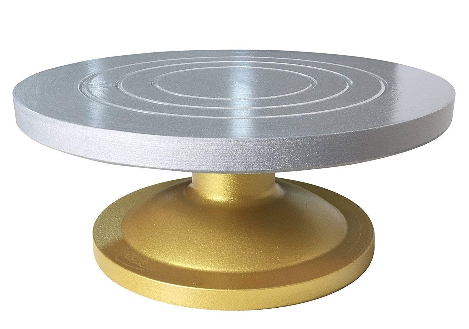Kitchenwell Heavy Cake Decorating and Icing Turntable/Serving Stand - 360° Smooth Rotating Cake Stand - Silver Top & Golden Bottom - 12 Inch (30 cm) Diameter Fiber Cake Turntable (Silver, Gold)