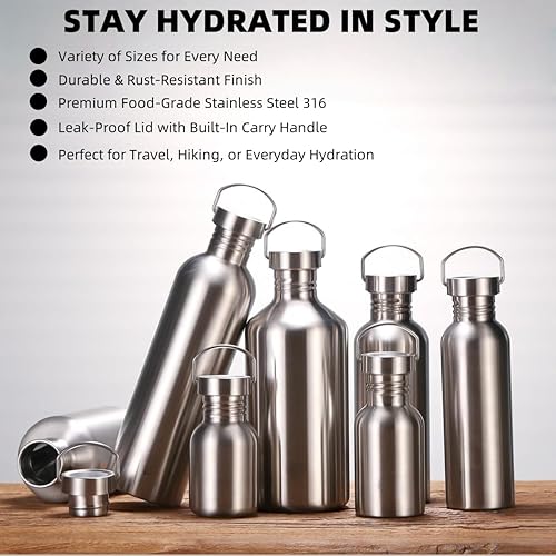 Miniatura 2 de Botella de agua de acero inoxidable de una sola pared, botella de agua grande para acampar con asa, boca ancha, a prueba de fugas, ligera, para