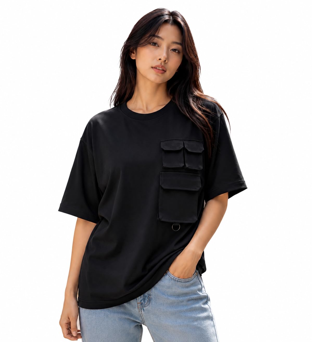 Women Tagas Women's Oversized Cargo Pocket T-Shirt | Casual Round Neck Half Sleeve Tee | Streetwear Urban Fashion Solid Color Regular Fit Top for Women|t-Shirt|-picture-54
