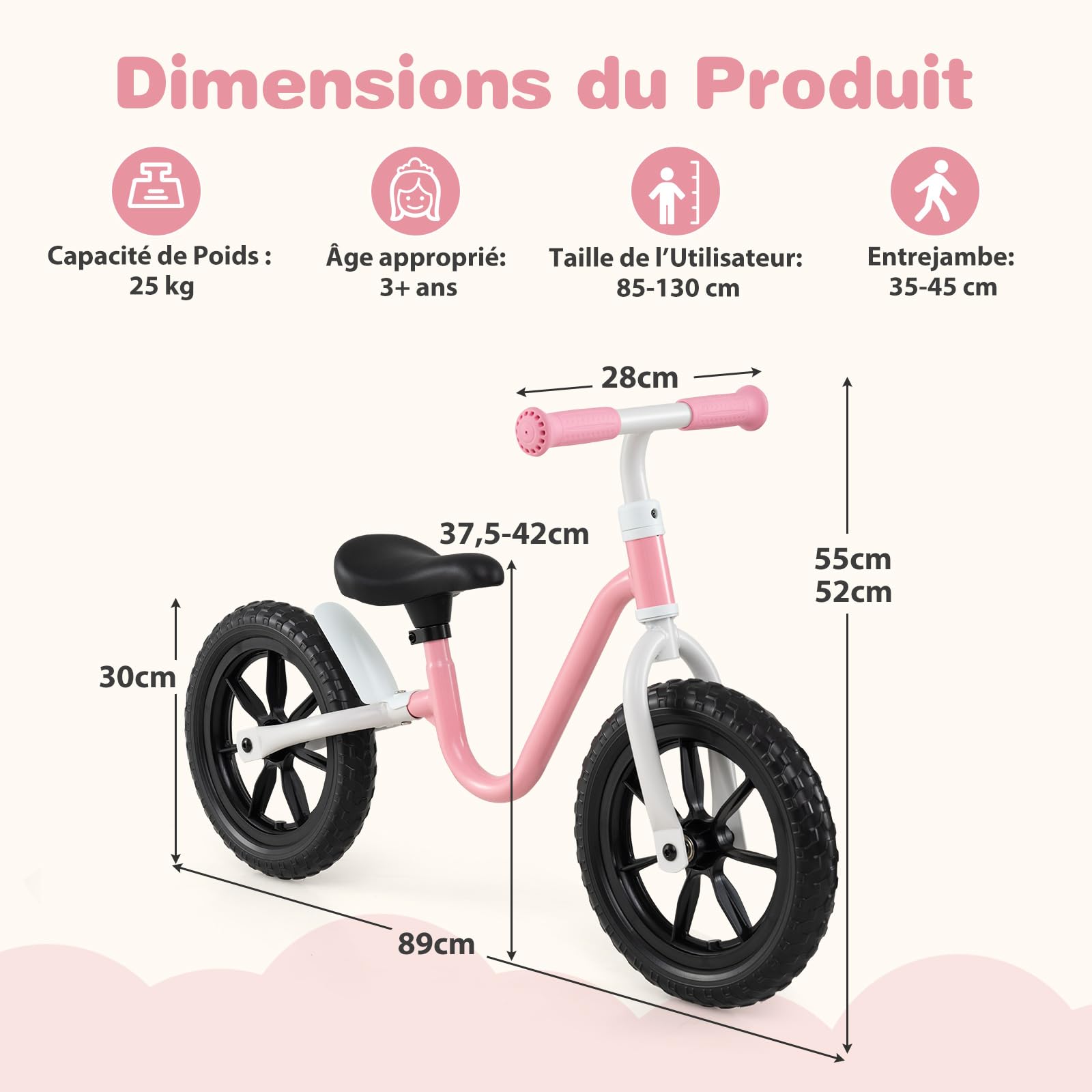 COSTWAY Draisienne Bébé Légère avec Guidon et Siège Réglables(37,5-42cm), Vélo Enfant sans Pédales avec 2 Roues en EVA, Charge 25kg, Vélo d'Équilibre pour 3 Ans+, Rose