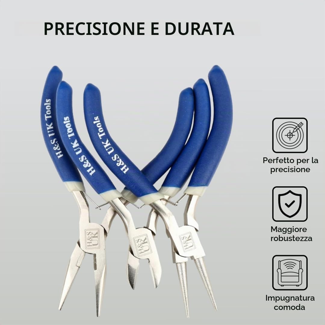 H&S Set Pinze per Bigiotteria Cromate per la Creazione di Gioielli - Set da 3 con Pinze Lunghe, ad Ago e a Punta Tonda - Attrezzi per la Bigiotteria Bricolage e Fai da Te