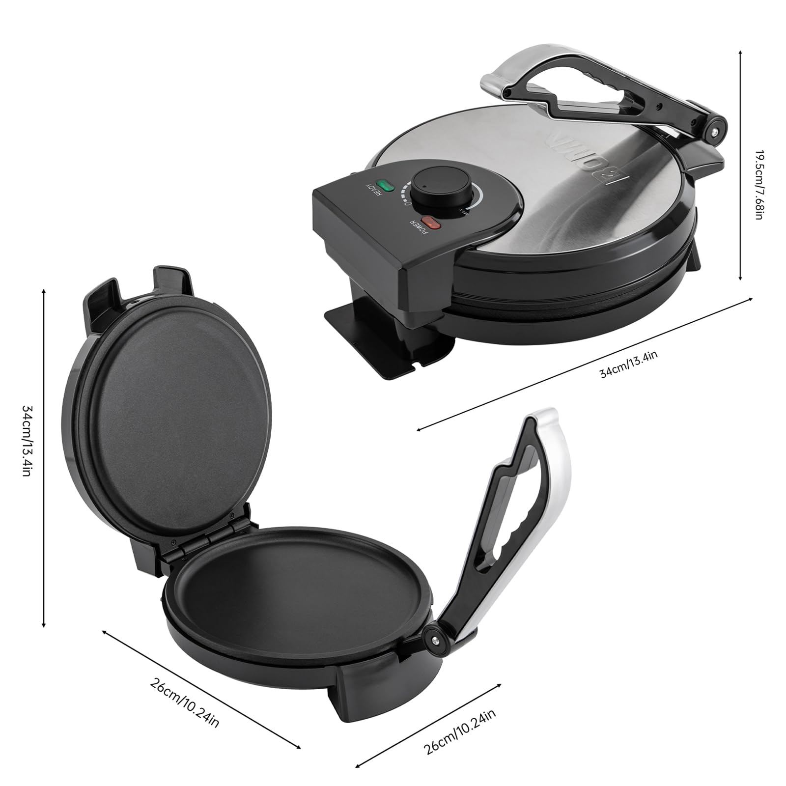 Roti-Maker 1200W 26cm Tortilla Presse mit Temperaturregelung 200-260°C Doppelseitige Heizung Antihaftbeschichtung