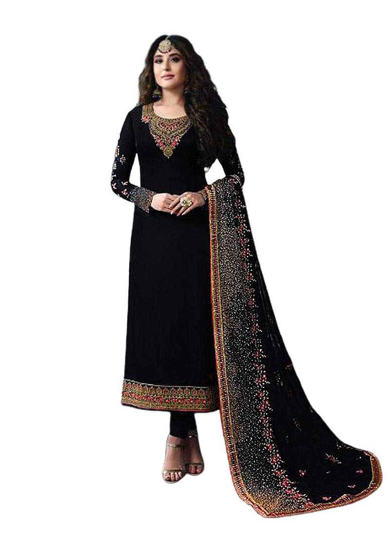 Women's Black Georgette Semi Stitched Top With Unstitched Santoon Bottom and Faux Georgette Dupatta Embroidered Straight Kurta Dress Material (Salwar Suit Set) (ME-1-976-Black)