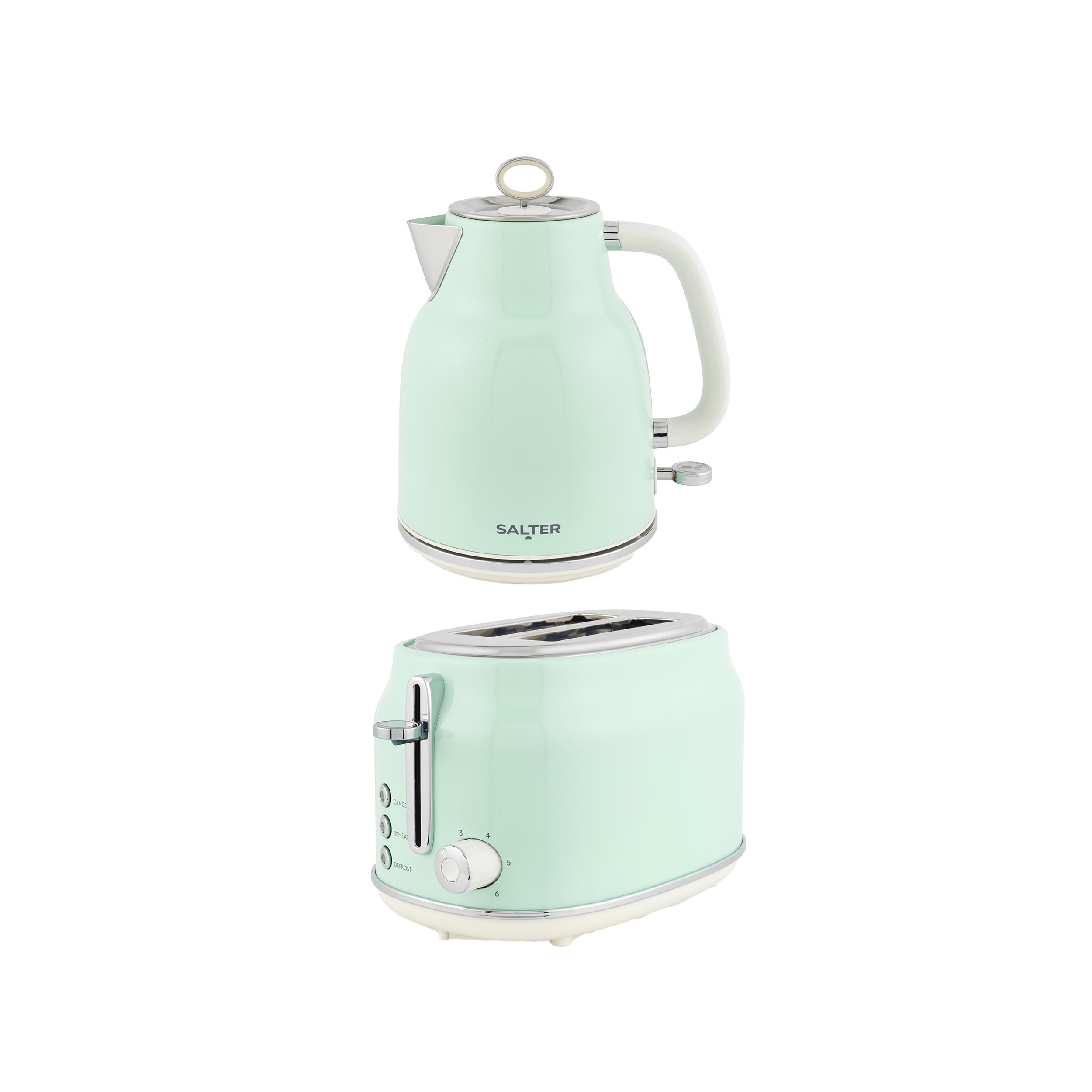 Salter Retro Kettle & 2-Slice Toaster Set - Wide Slots, 3KW Rapid Boil, 6 Browning Levels, 360° Base, Removable Limescale Filter, Defrost, Reheat & Cancel, High-Lift Eject, Removable Crumb Tray, Green