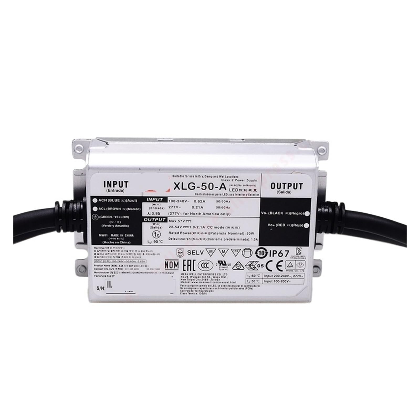 Pilote LED PFC 50W XLG-50-A en boîtier métallique étanche IP67 pour lampadaire