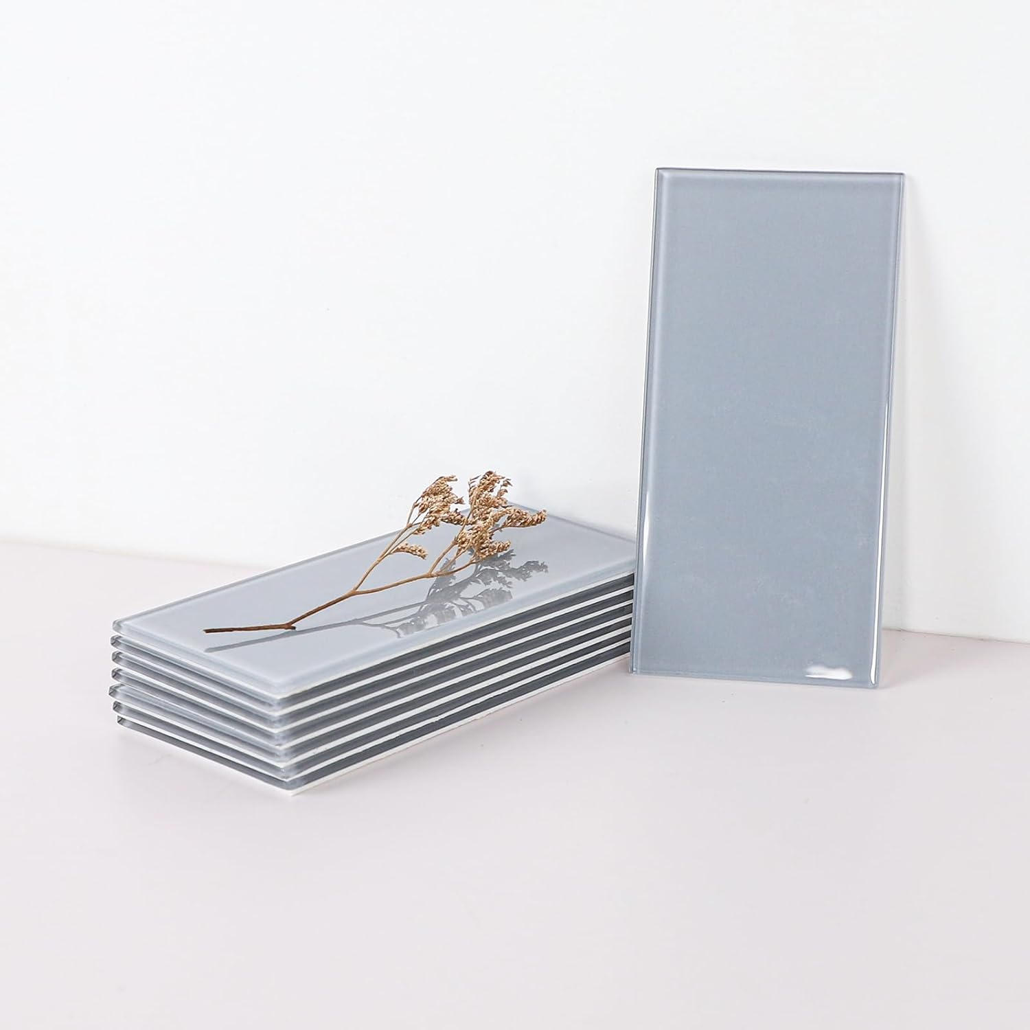 Peel and Stick Glass Subway Tile, 3" x 6" Glass Backsplash Mosaic Wall Tiles for Kitchen Bathroom (40-Piece, Grey)