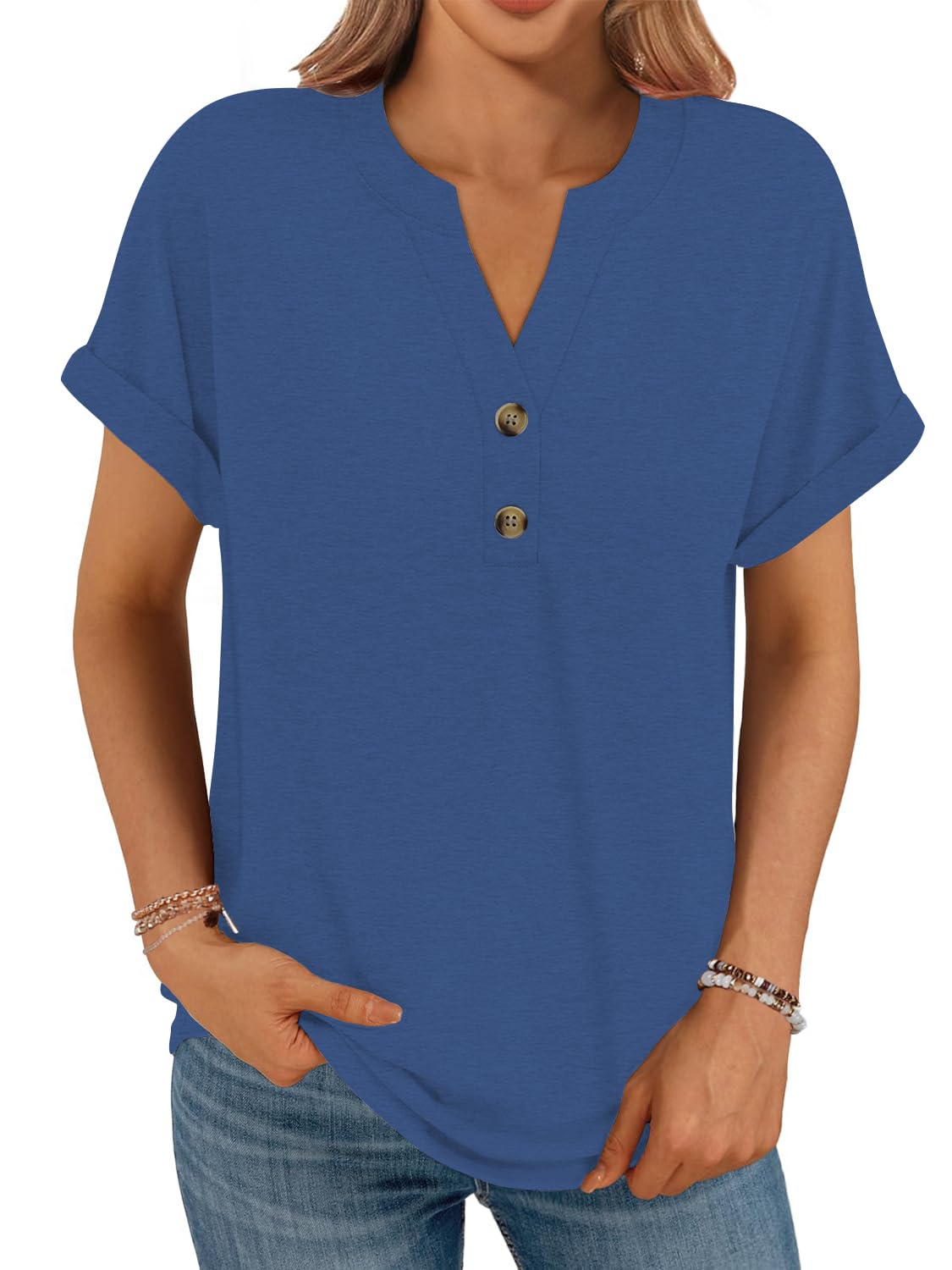 Cuptacc Tshirt Damen V-Ausschnitt Mit Knopfleiste Oversize T-Shirt Kurzarm Oberteile Damen Locker