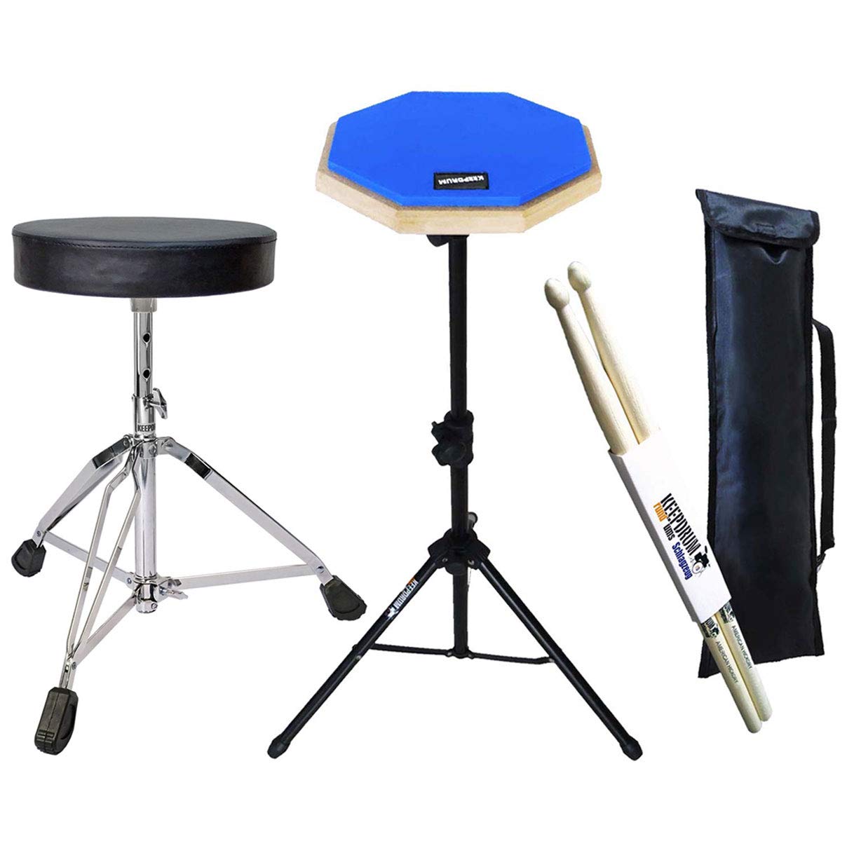 keepdrum DP-BL Practice - Almohadilla para batería (con trípode y funda, taburete y baquetas), color azul