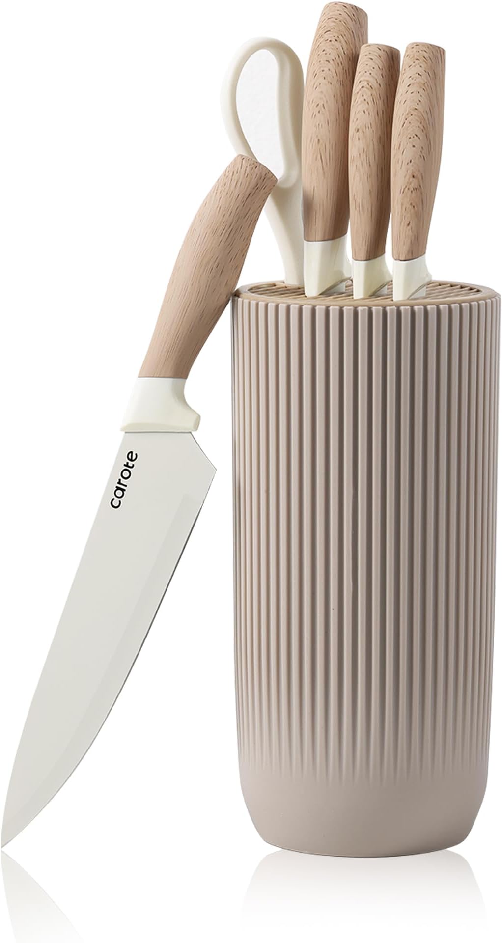 CAROTE6Pcs Knife Set with Block, High Carbon Stainless Steel Sharp Blade Block Knife Set, Cutlery with Ceramic Surface, Khaki