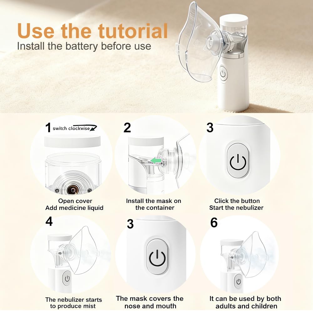 Nebulizador portátil silencioso recargable,atomización y absorción eficientes, adecuados para adultos y niños,accesorios con 2 máscaras y 1 boquilla,uso familiar y viajes (Blanco)