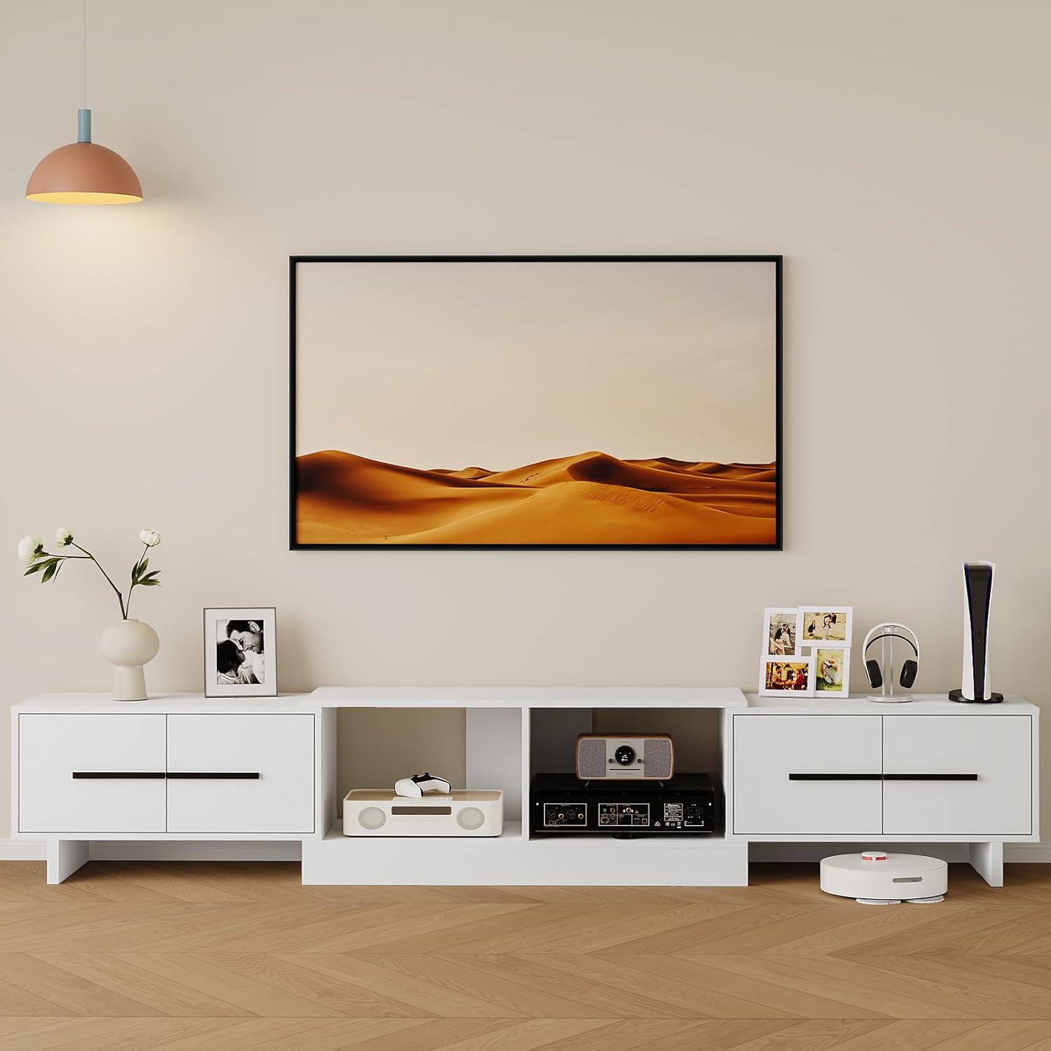 Extendable TV Stand, Modern Media Console for Up to 100 Inch TV, 67"-90" Extendable Entertainment Center with 2 Large Cabinets & Open Shelves, TV Cabinet for Living Room-White