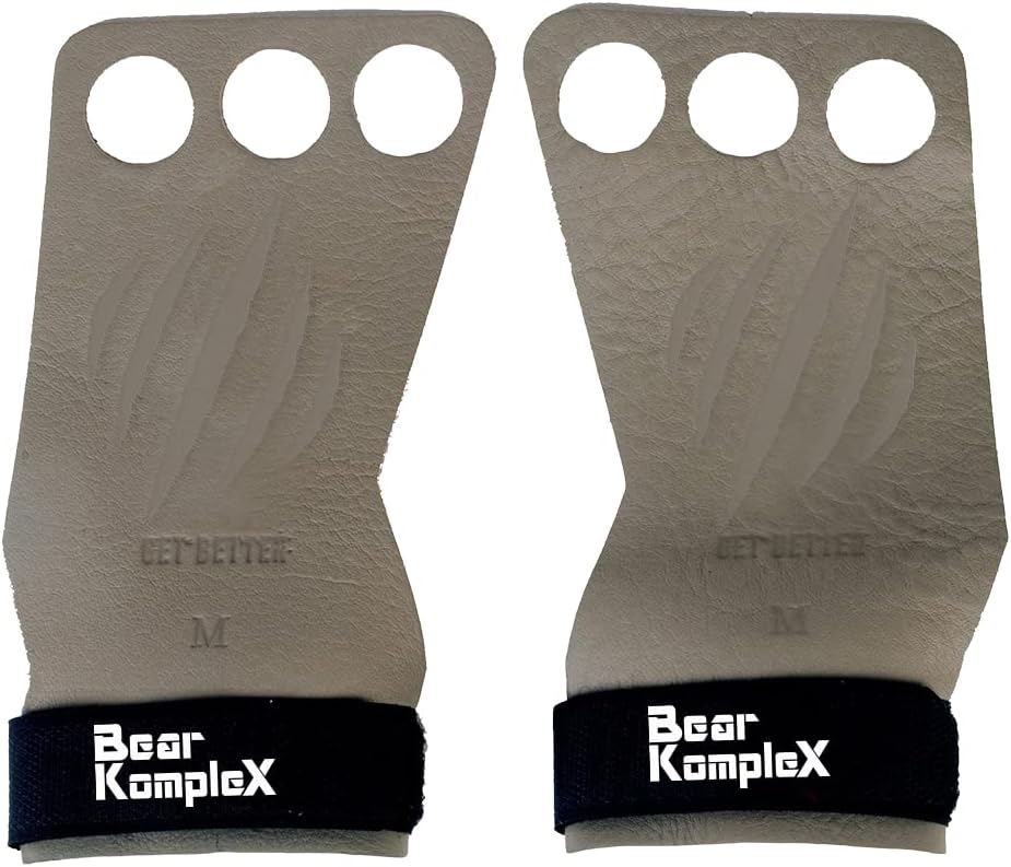 Bear KompleX 3 Hole Leather Hand Grips for Home Workouts Like Pull-ups, Weightlifting, WODs with Wrist Straps, Comfort and Support, Hand Protection from Rips and Blisters for Men and Women