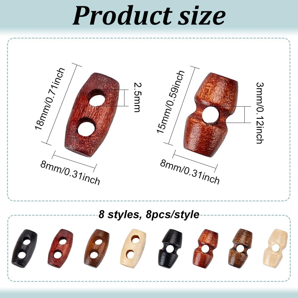 FINGERINSPIRE 64Pcs 1 Hole & 2 Hole Mini Wooden Toggle Buttons 18mm/15mm Tiny Sewing Horn Toggle Buttons 4 Colors Micro Olive Shape Sewing Buttons Small Bowling Sewing Buttons for DIY Sewing Crafts