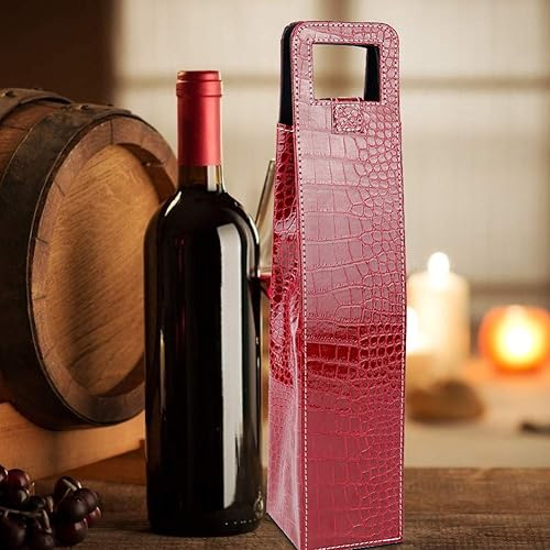 Miniatura 3 de Diyeeni Bolsa de asas de vino individual, Bolso de mano de cuero reutilizable de PU Bolsa de regalo de cerveza Champagne Bolsa de regalo (rojo)
