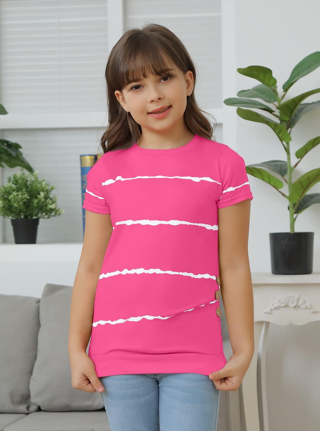 Ebifin Girls Casual Short/Long Sleeve T Shirts Crewneck Tunic Tops Kids Button Striped Tee Blouses Size 4-15 - Image 2