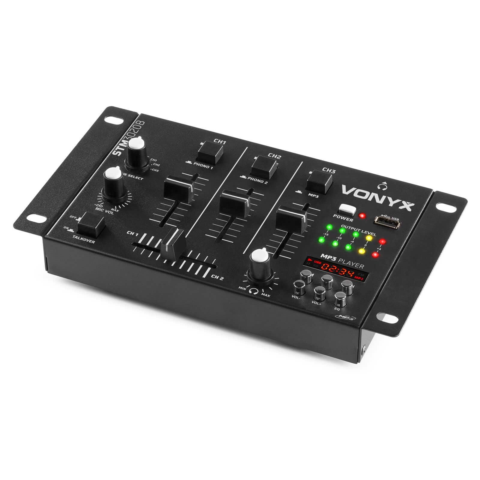 Mezclador SkyTec STM-3020 de 3 canales con reproductor MP3 USB, salida de auriculares con control de volumen, 2 entradas para micrófono, 3 canales con entrada line/phono, función talk over, negro