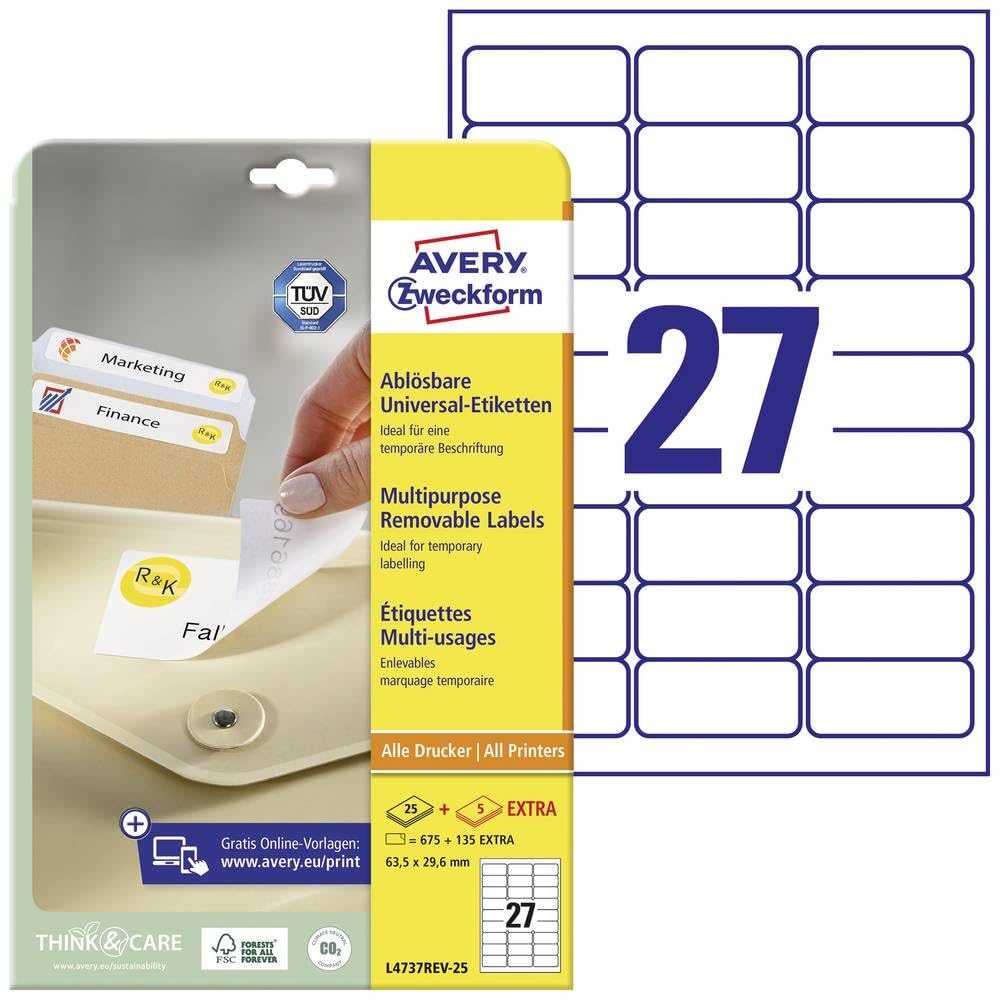 Avery L4737REV-25 Self-Adhesive Removable Labels, 27 Labels Per A4 Sheet, White, 635x296 mm