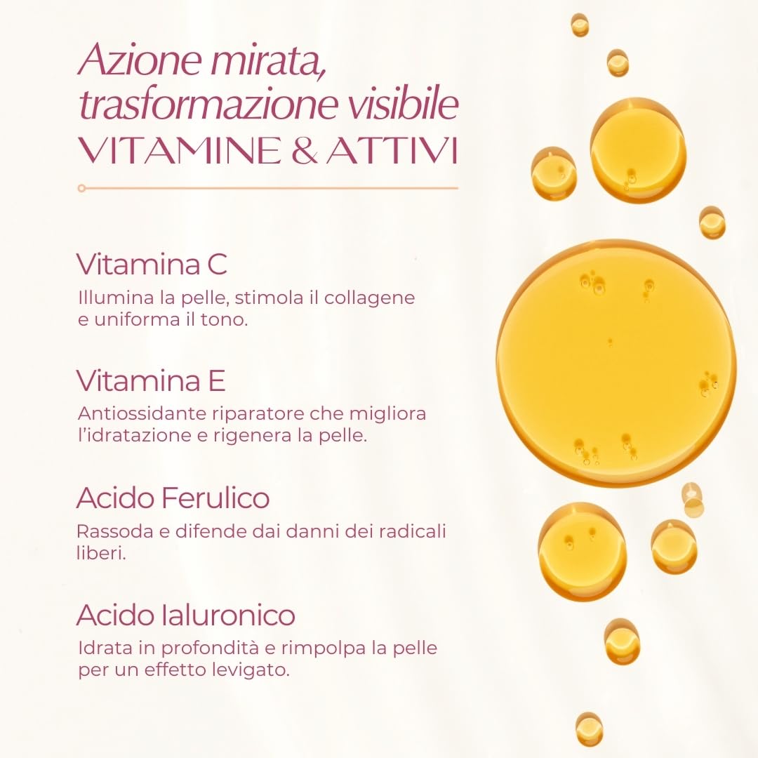 Siero alla Vitamina C | con Acido Ferulico & Acido Ialuronico | Ricco di Vitamine & Antiossidanti | Energizzante, Idratante & Illuminante | VEGAN e 99% Naturale | Certificato COSMOS