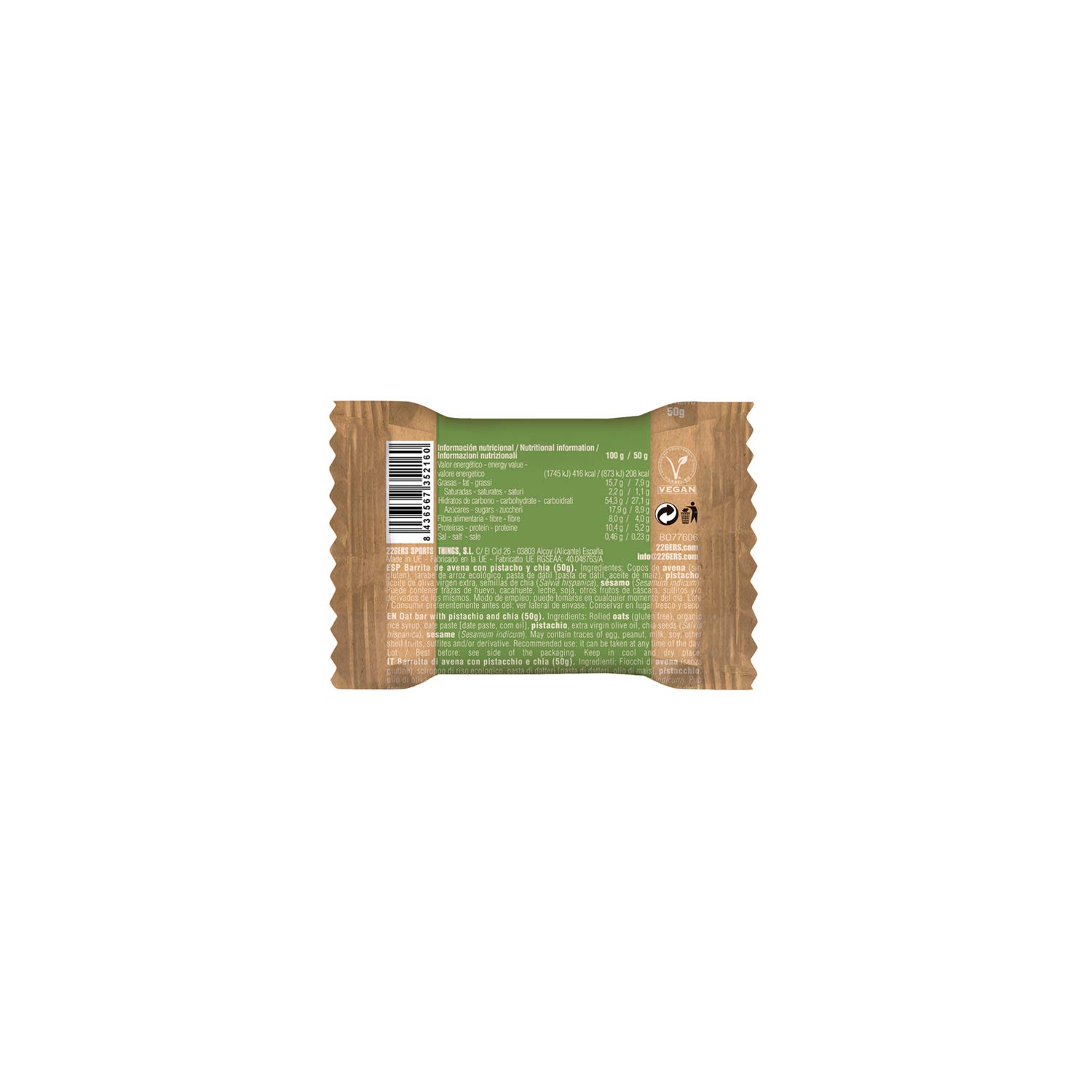 226ERS Vegan Oat Bar, Barritas de Avena Sin Gluten, Veganas y Apta para Celíacos, Pistachio & Chia - 24 x 50 gr