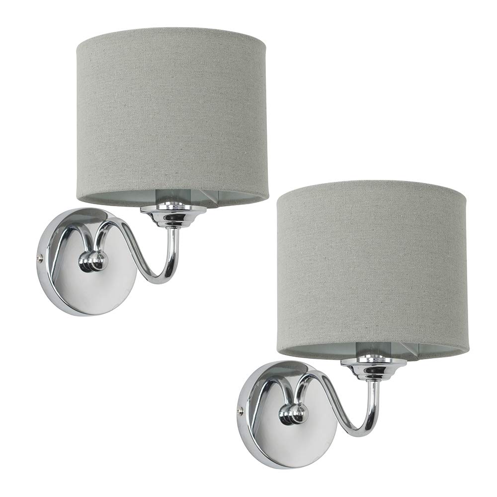 MiniSun | Modern Chrome Curved Arm Wall Light Fittings with Grey Linen Drum Shades | Wall Lamps & Sconces, Home Décor & Improvement Essential | Set of 2 | Mains Wired