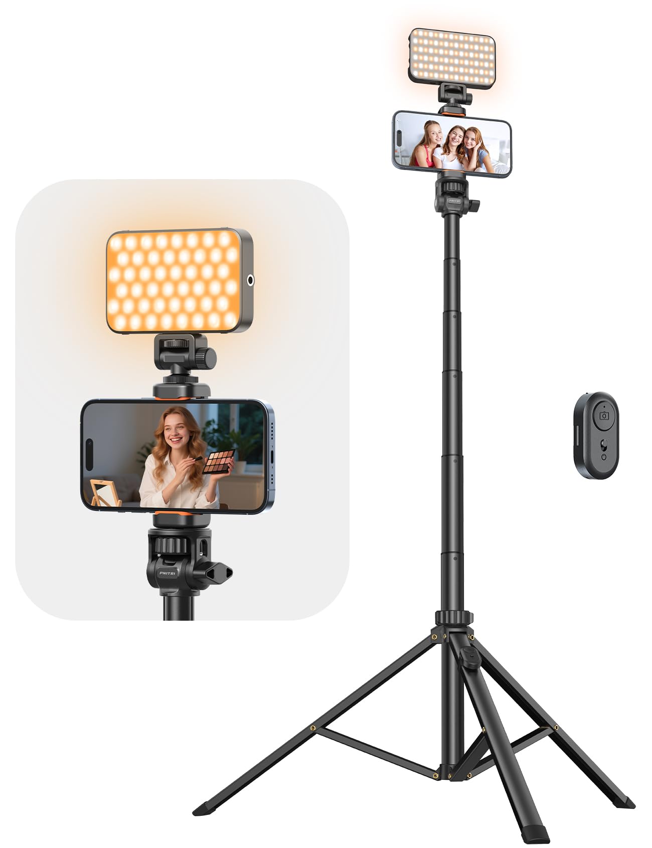 180cm Handy Stativ für Smartphone, Stabiles Erweiterbarer Aluminium Stangen & Größere und längere Stativbeine, Handystativhalter mit Fernauslöser (180cm mit licht)