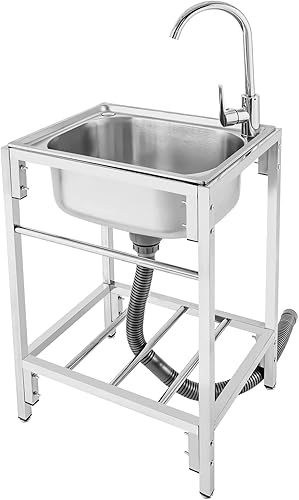 Fregadero utilitario independiente de cocina de un solo tazón con grifo, fregadero de acero inoxidable con moldeado integrado para lavadero, baño,