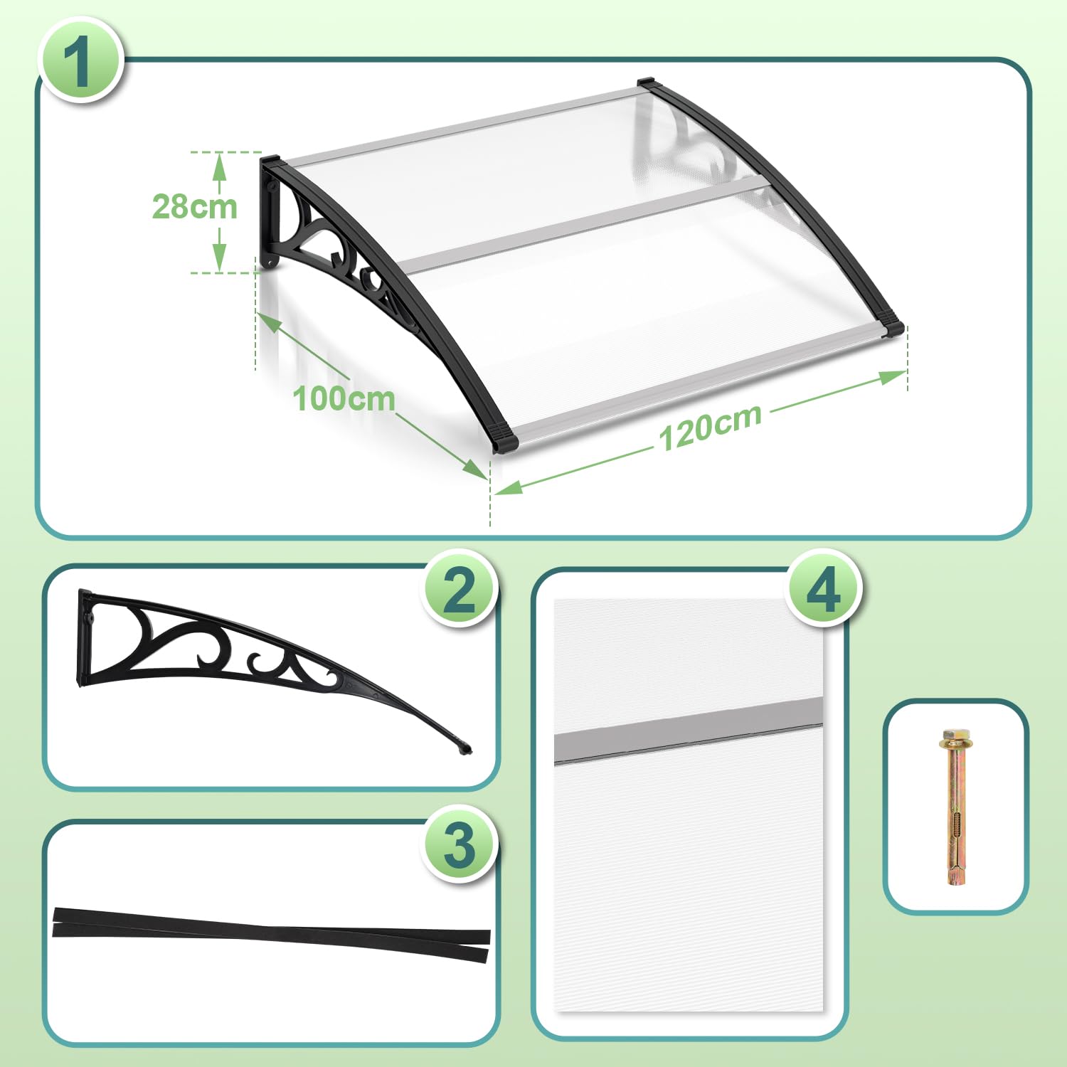 Gimisgu Auvent pour Porte d'entrée - 120 x 100 cm - en Polycarbonate Transparent - 5 mm - Support en polypropylène - Toit de Porte pour l'extérieur - Protection Contre la Pluie