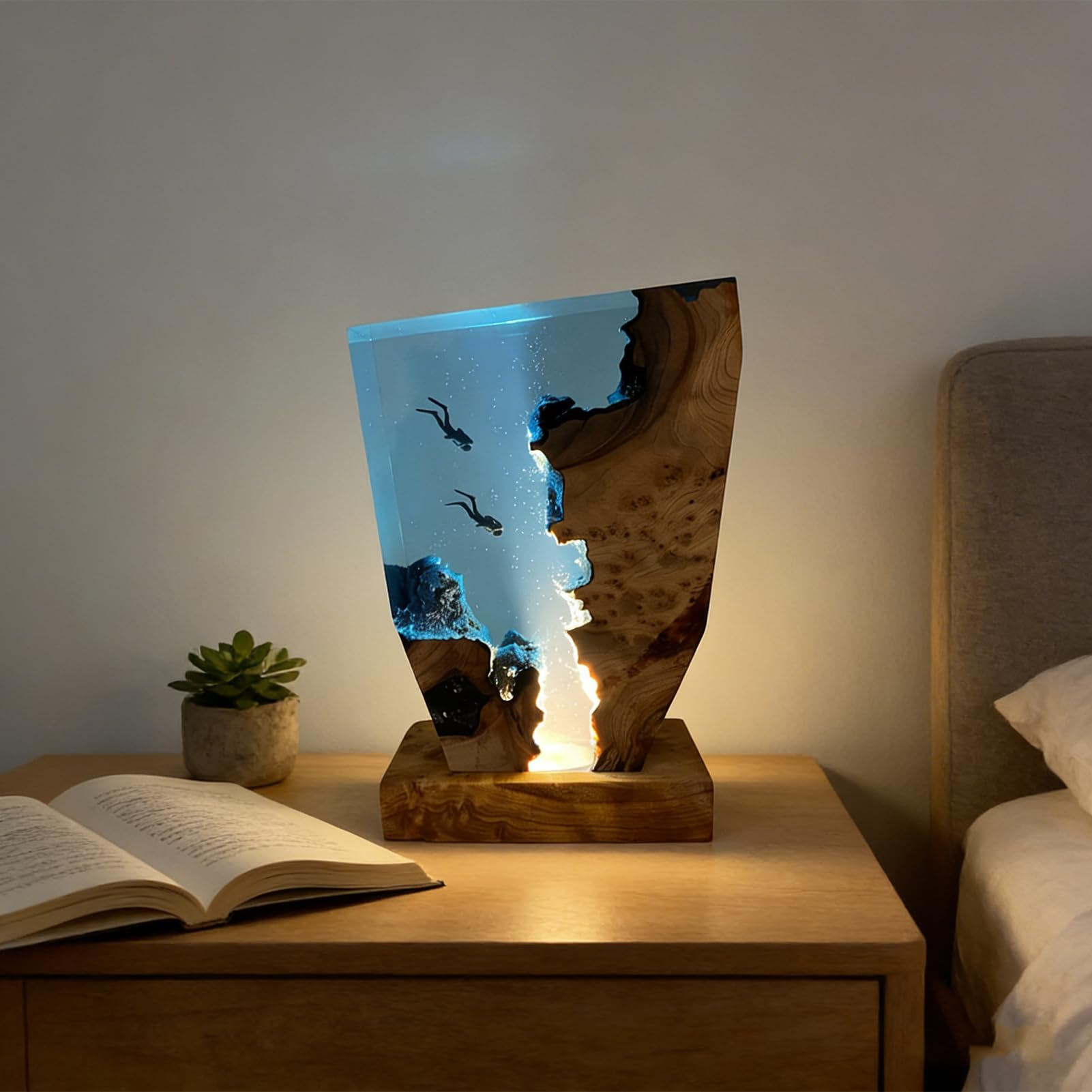 Marine Statue Dekoration Lampe,Harz-Ozean-Lampe,3D Ozean Figur Harz Statue Ornamente mit Holzsockel,Tiefsee-Höhlentauchen-Nachtlicht für Zuhause,Deko Weihnachten Geburtstag Geschenke (8*5in)