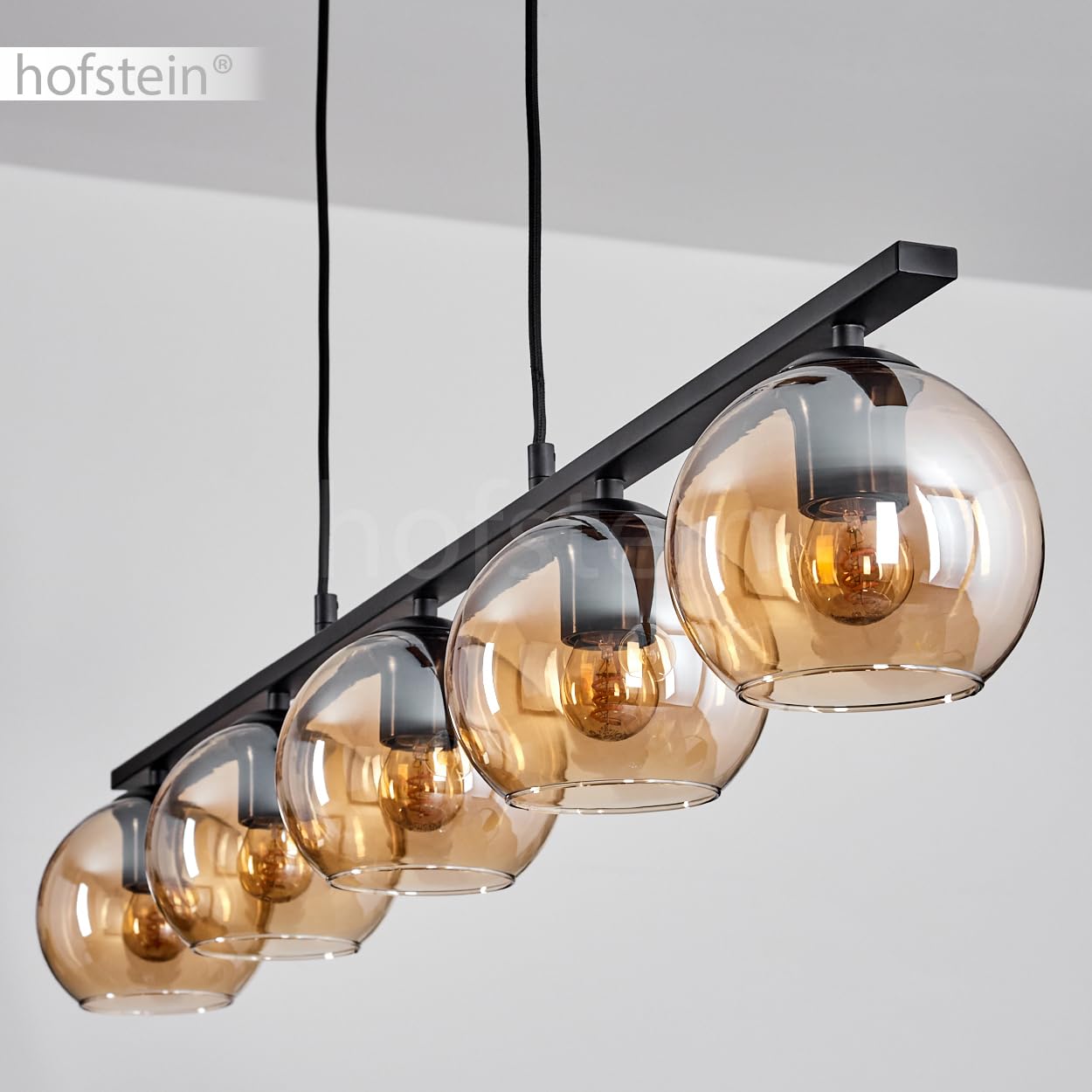 Pendelleuchte Koyoto, Hängelampe aus Metall/Glas in Schwarz/Bernsteinfarben, Hängeleuchte im Retro/Vintage-Design mit Glasschirmen (Ø 15 cm), 5-flammig, Höhe max. 111,5 cm, 5 x E27, ohne Leuchtmittel