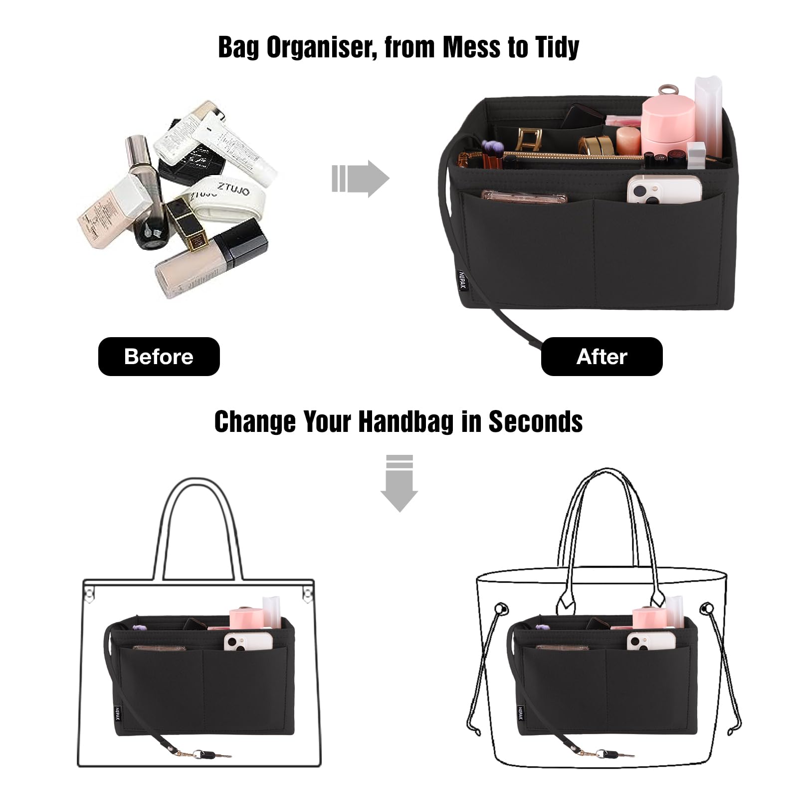 NEPAK Organizzatore di feltro per donne (con borsa rimovibile),Feltro Organizer da Borsa,Borsa di pannolini (Nero,L)