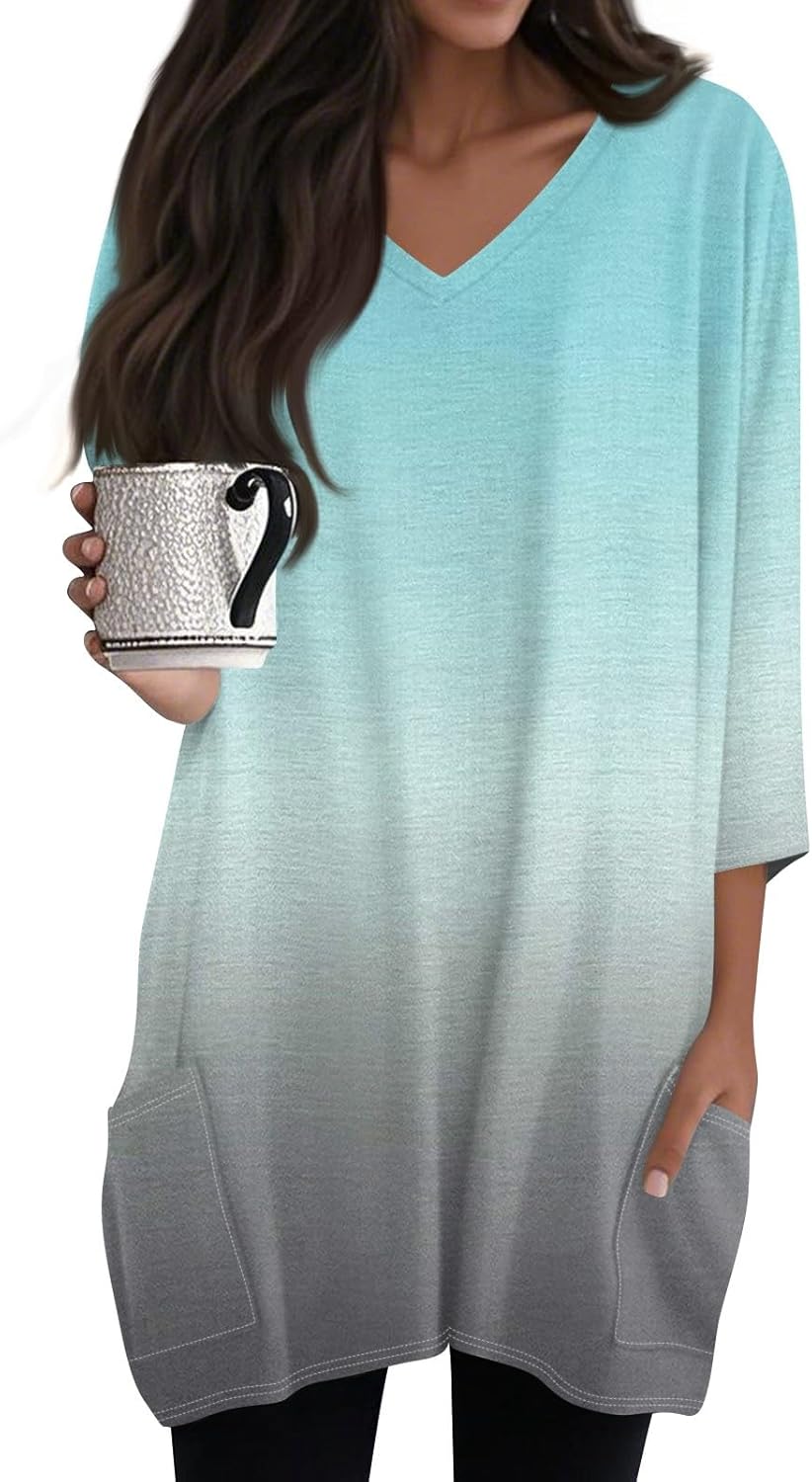 FQZWONG Oversized Tshirts for Women 2025 Summer 3/4 Sleeve Tunic Tops Casual V Neck T Shirts Ladies Blouses with Pockets