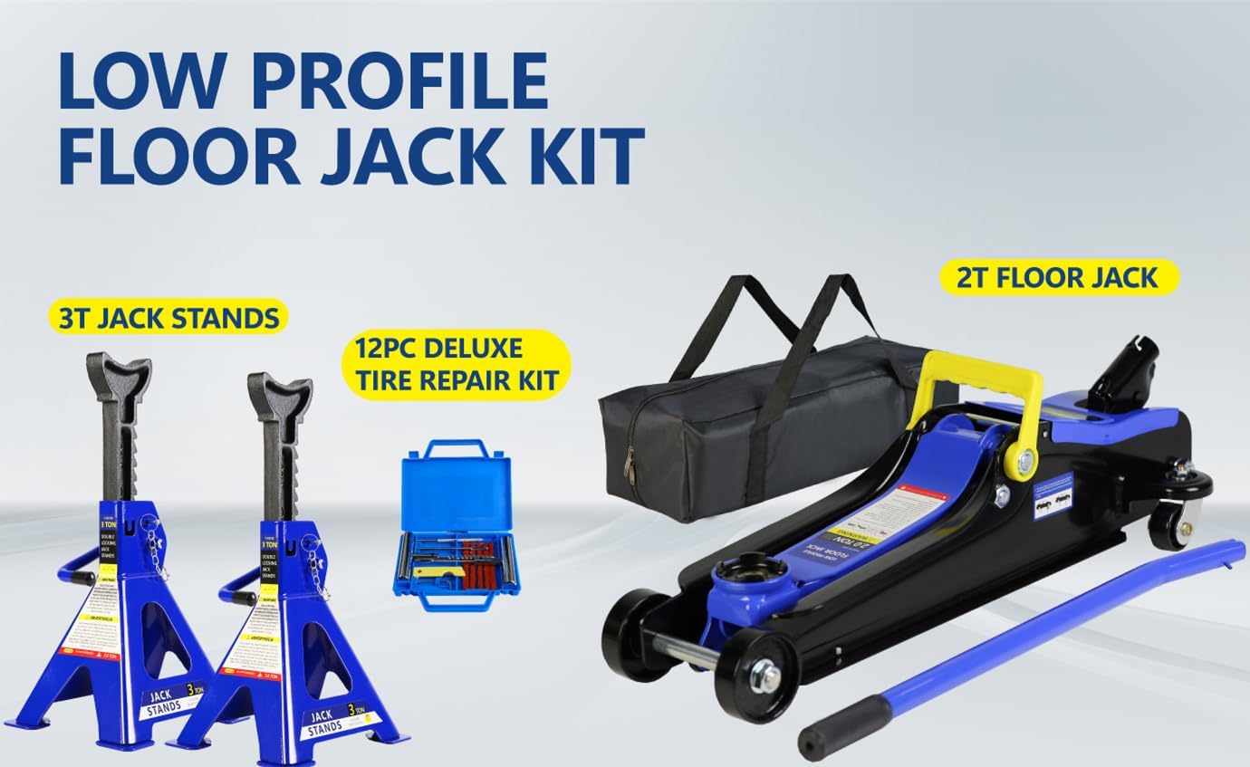Goujxcy 4 Piece Car Truck Floor Jack Service, Floor Jack & Jack Stands & Tire Repair Kit for Garage Automotive Repair Shop DIY, Lift Range 3.3"-15.2", Professional Trolley Jacks 2 Ton/4000 LB Capacity
