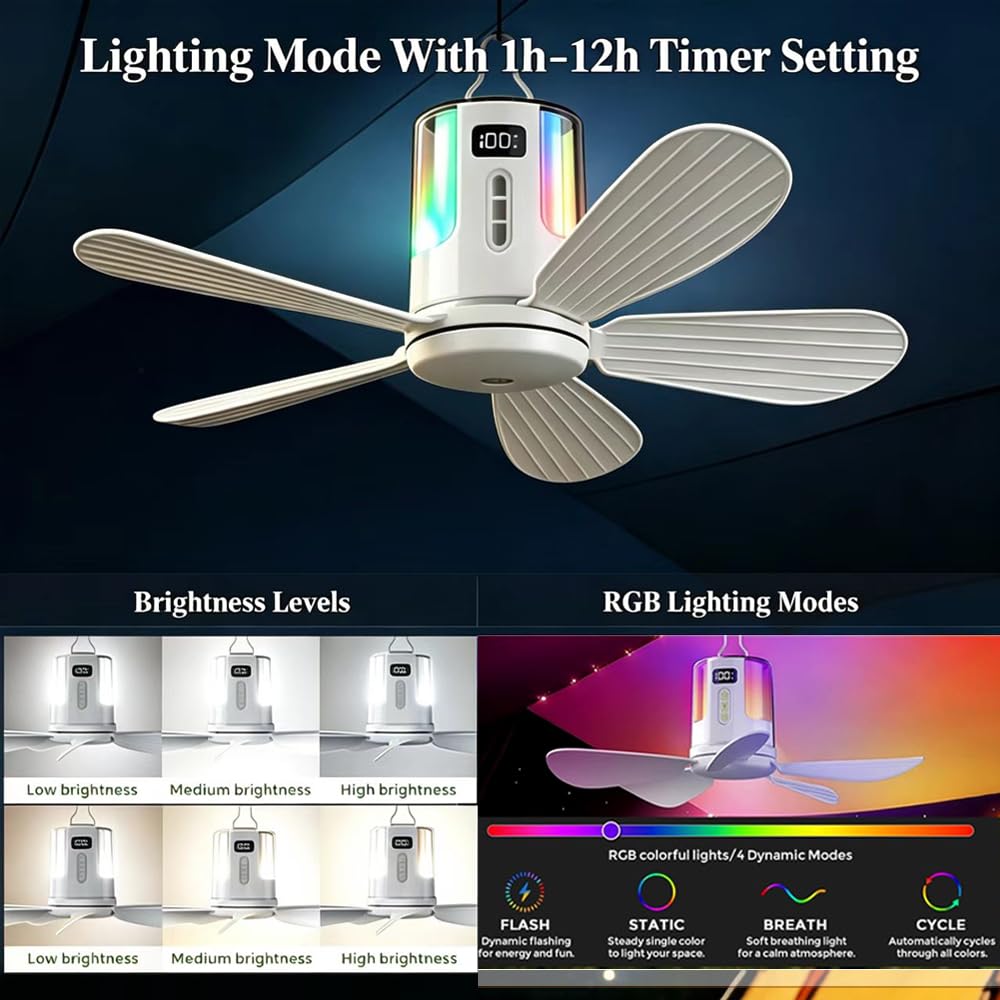 HEYIDAMAI Ventilatore da soffitto con illuminazione da campeggio, piccolo ventilatore da soffitto a batteria con luce e telecomando, USB, timer, 4 livelli, ventilatore da soffitto a LED, ricaricabile