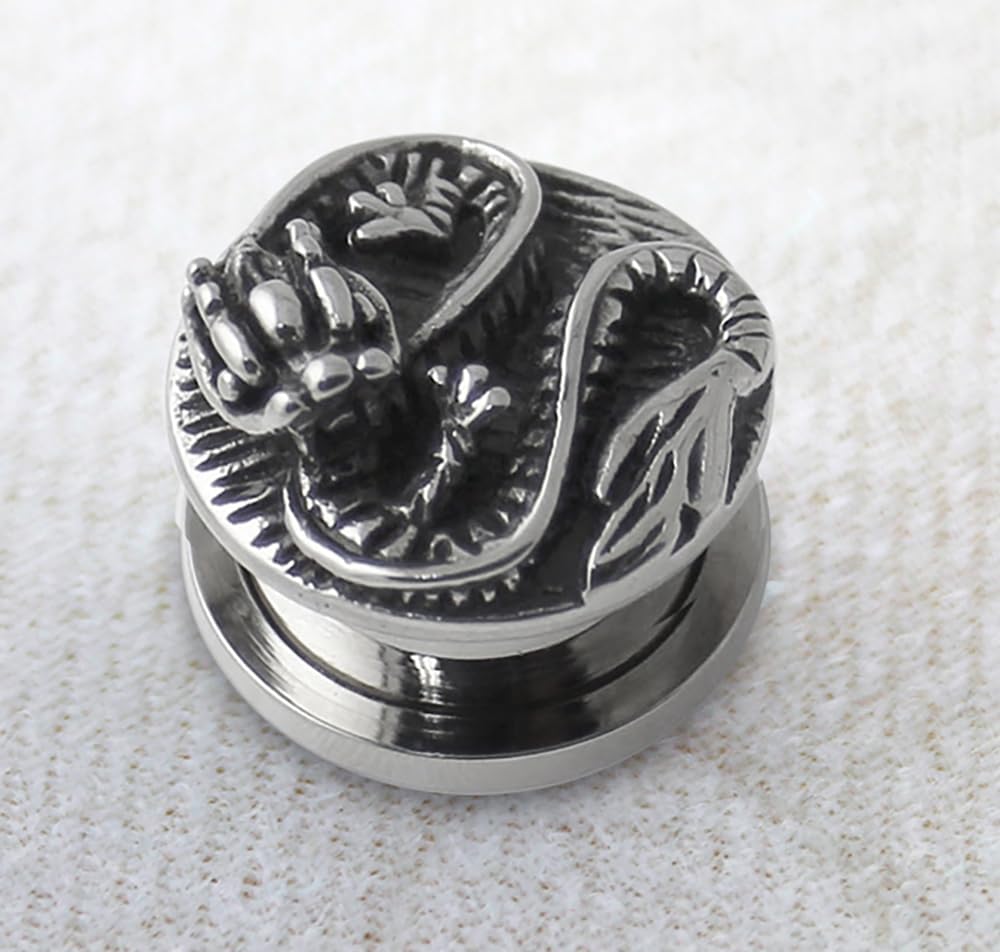 Embossed Dragon Design Stainless Steel Flesh Tunnel Gauge Ear Piercing