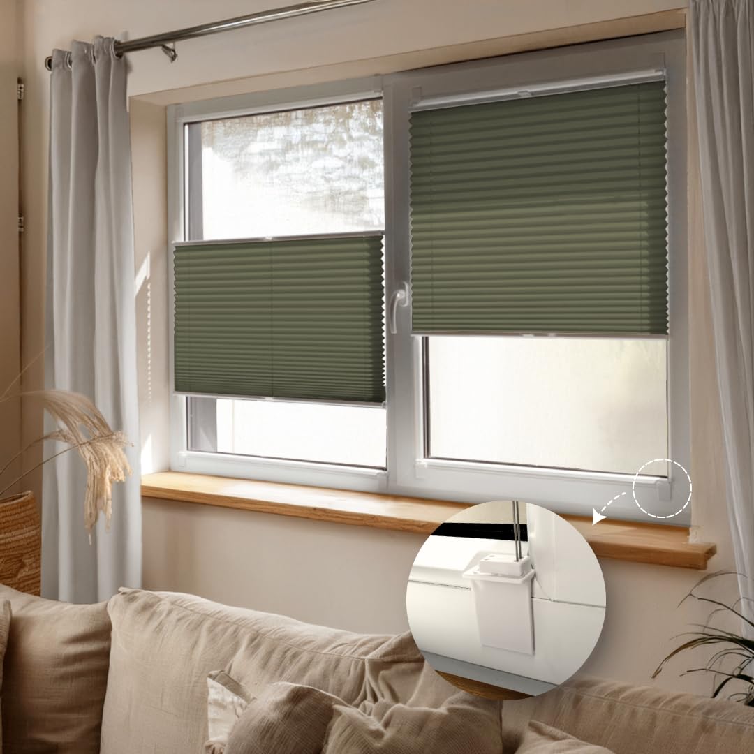 Home-Vision Premium Plissee Faltrollo zum Kleben Olive B70cm x H120cm